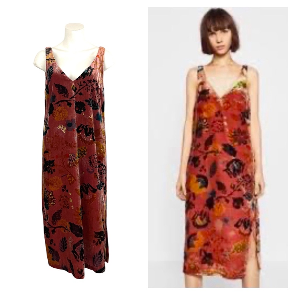 Zara Floral Velvet Midi Dress, Sleeveless Velvet Shift Dress, Medium